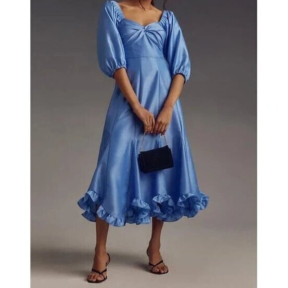 Hutch Printed Twist-front Puff-sleeve Ruffle-hem Midi Dress Blue S - Picture 1 of 1